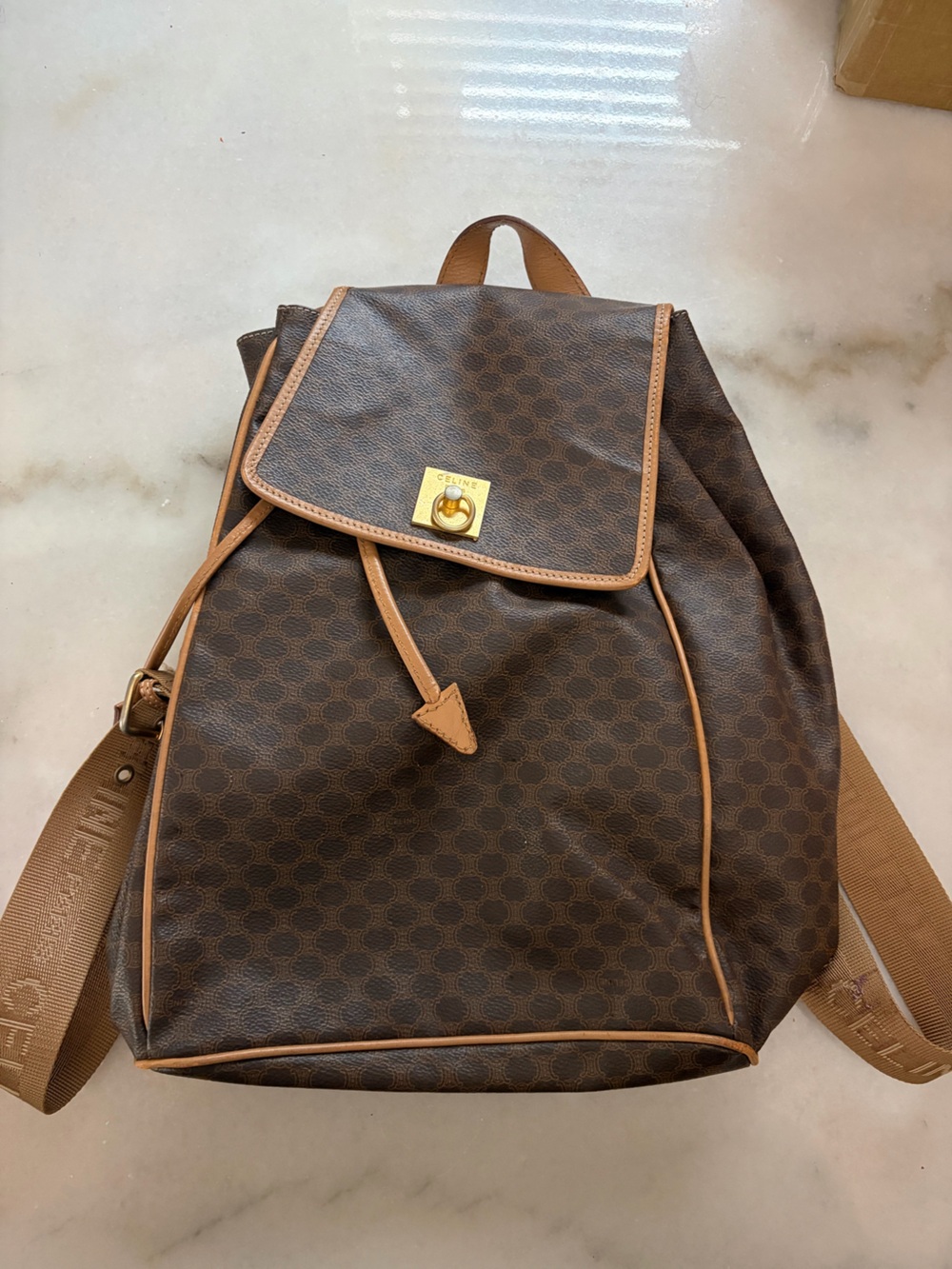 Celine Brown monogram Canvas Backpack with Tan Trim